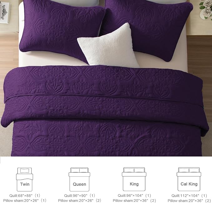 Whale Flotilla King Quilt Bedding Set Vintage Damask Reversible Bedspread | Suitable for Bed, 3 Pieces Purple Lightweight Breathable Quilt King Size, Ultrasonic Coverlet Bed Cover with 2 Pillow Shams