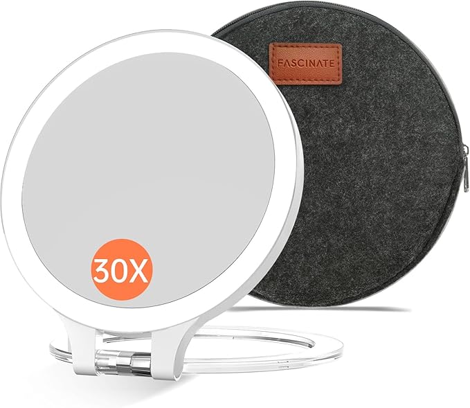 FASCINATE Magnifying Mirror 30X 1X Double Sided Magnification Makeup Vanity Mirror Rechargeable Lighted Mirror with 3 Color Setting Adjustable Rotation LED Vanity Desk Mirror
