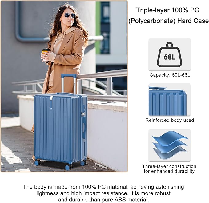 24 Inch Expandable Luggage with Wheels Checked Bag Luggage Hard Shell PC Suitcases Lightweight Travel Checked Luggage Medium Suitcase with Lock for Woman Men Travel
