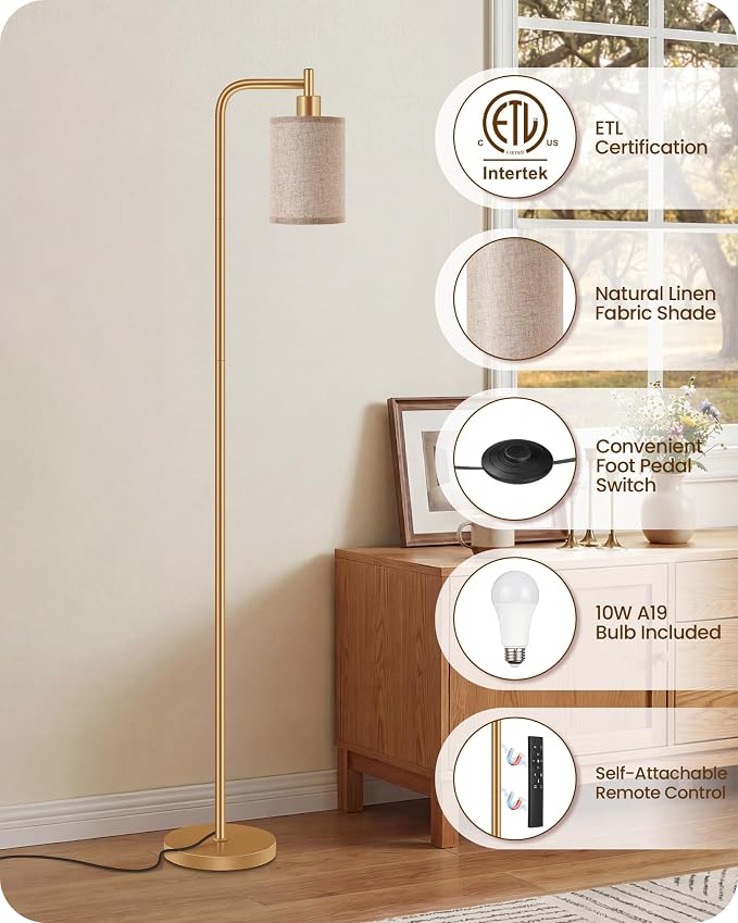 2Pack Dimmable Floor Lamp for Living Room with Remote and Foot Switch, Modern Standing, Corner Lamp,10W Bulb 3 Color Temperatures, for Bedroom, Office, ETL Listed, Gold and Beige DE19LDP205