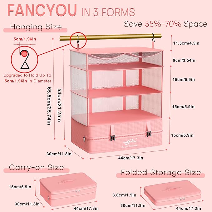 Compressible Packing Cubes Portable Hanging Closet Shelves 17"x12"x24" Extendable Travel Organizer Nylon Packing Bags for Suitcase
