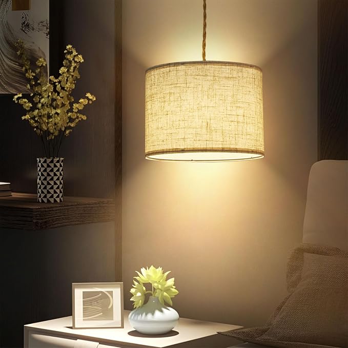 KUAUGST Plug in Pendant Light, Hanging Light with Plug in Cord with Dimmable Switch, Hanging Lamp with 15ft Hemp Rope, Beige Linen Shade, Fixture for Bedroom, Living Room 2 Pack