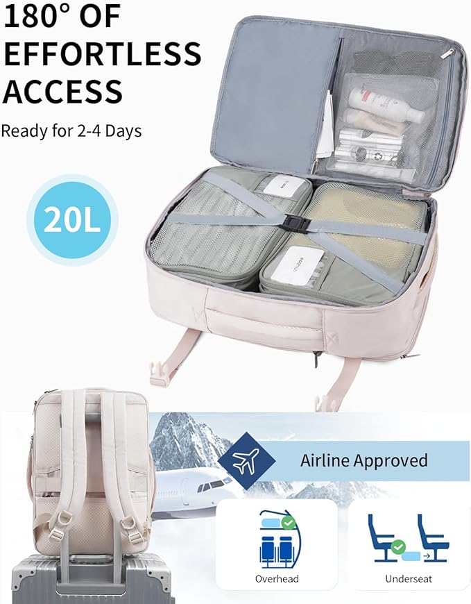 ECOHUB 17" Small Unisex Travel Backpack United Airlines Approved 17x10x9 Friendly Suitcase Anti-Theft Lockable Zippers Style Personal Item Bag Travel Essentials with 12 Pockets Water Resistant, White
