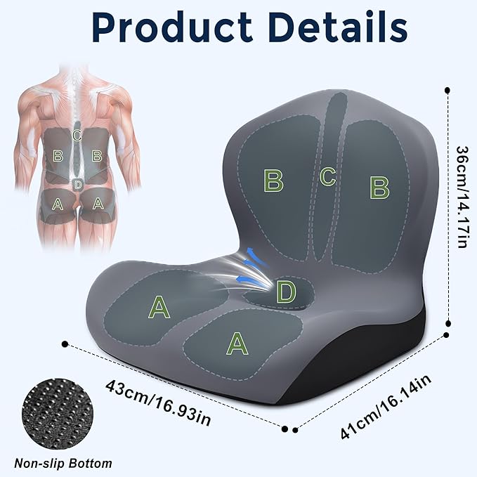 Seat Cushion for Office Chair and Car, L-Shaped Ergonomic Car Seat Cushions, Memory Foam Chair Cushion, Lumbar Support Pillow for Wheelchair, Car, Home, Office, Desk, Gray