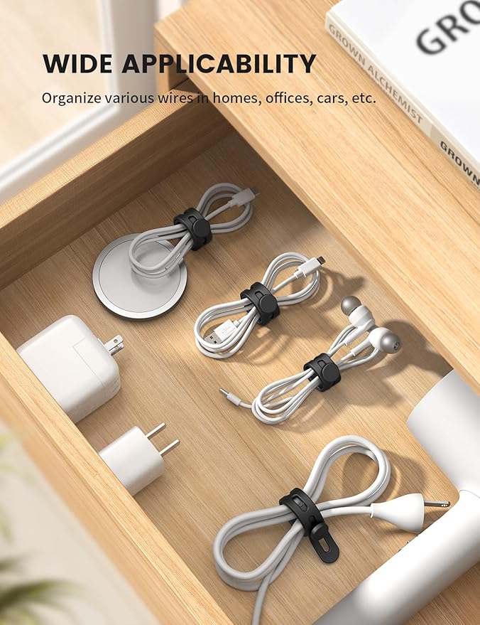 Lamicall 10Pack Silicone Cable Ties Cord Organizer - Durable Reusable Wire Management Wrap with Lock Buckle, Elastic Charger Cable Strap Ties, Electrical Cord Keeper for Travel, Home Accessories