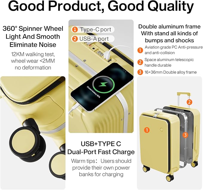 mixi Checked Luggage with Cup Phone Holder and Charger Hard Shell Suitcases with Spinner Wheels, 24 Inch Lark Yellow