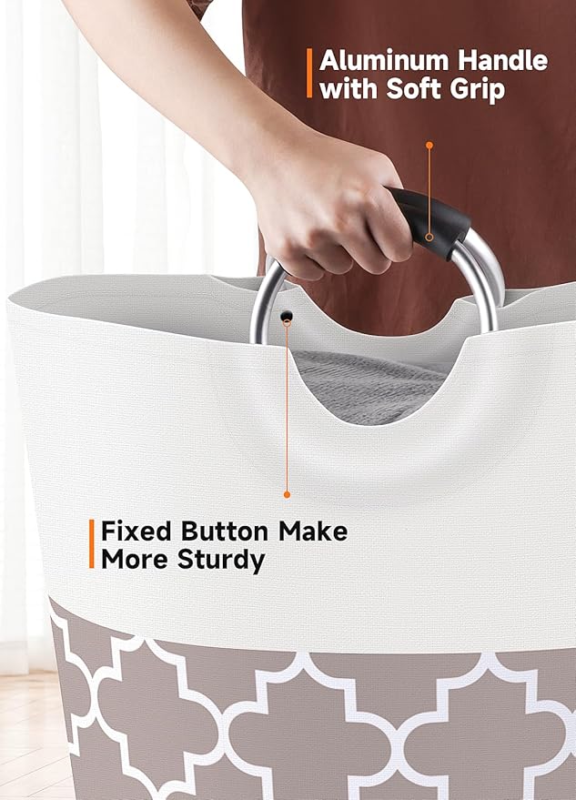 Large Laundry Basket Laundry Hamper Bag Washing Bin Clothes Bag Collapsible Tall with Handles Waterproof Travel Bathroom College Essentials Storage for College Dorm, Family (Khaki) 82L