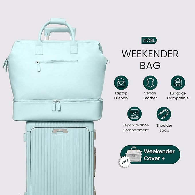 Nobl Travel Weekender Bag for Women & Men, Large Duffel Carry-On Tote with Trolley Sleeve, Separate Shoe Compartment & Laptop Pocket, Leather Overnight Bag for Airplane, Gym, Road Trips - Powder Blue