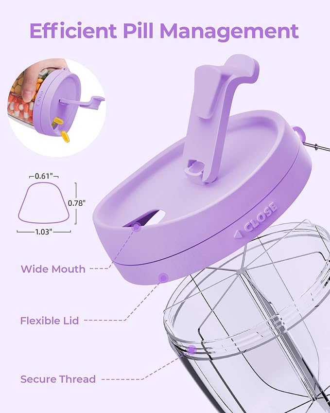 Cute Pill Dispenser with 7 Large Compartments, Portable Pill Bottle Organizer with Wide Opening for Easy Use, Anti-Mix Pill Organizer for Travel, BPA-Free Pill Container, Purple
