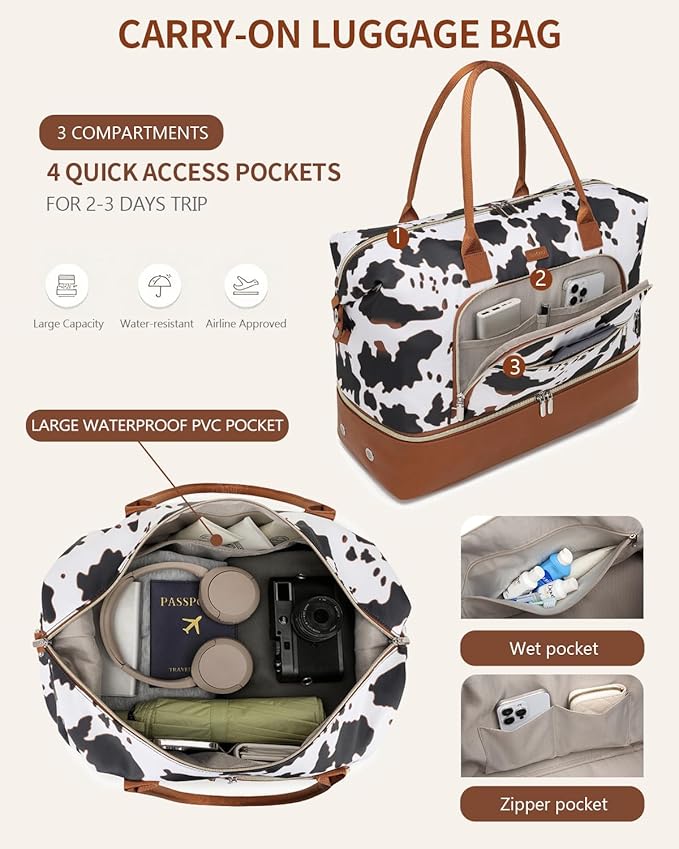 Weekender Bags for Women, Travel Duffle Bag Carry On Overnight Bag with Cosmetics Bag and Crossbody Purse for Gym Hospital, Gifts for Women, Cow Print Brown