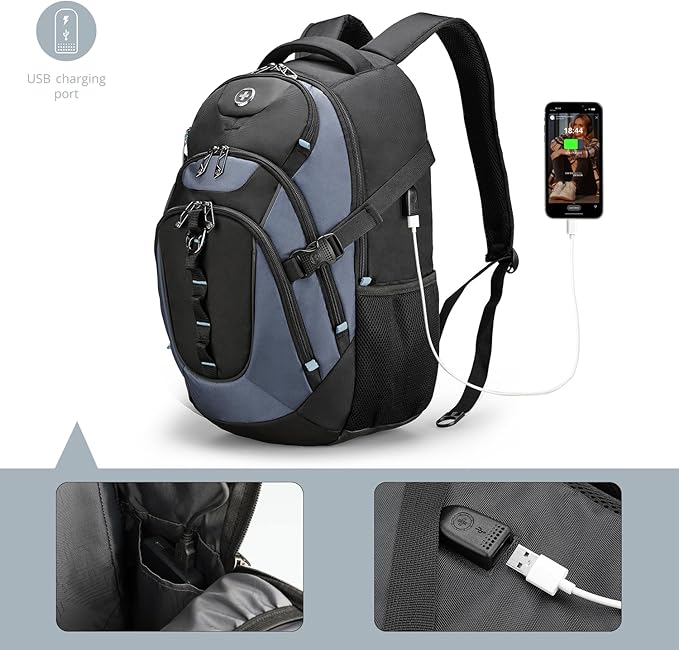 Swissdigital Design Laptop Backpack with USB Charging Port, Travel Backpack Fits 15.6 inches Computer, 31L College School Backpack for Men, Haze Blue/Black | SD803-16