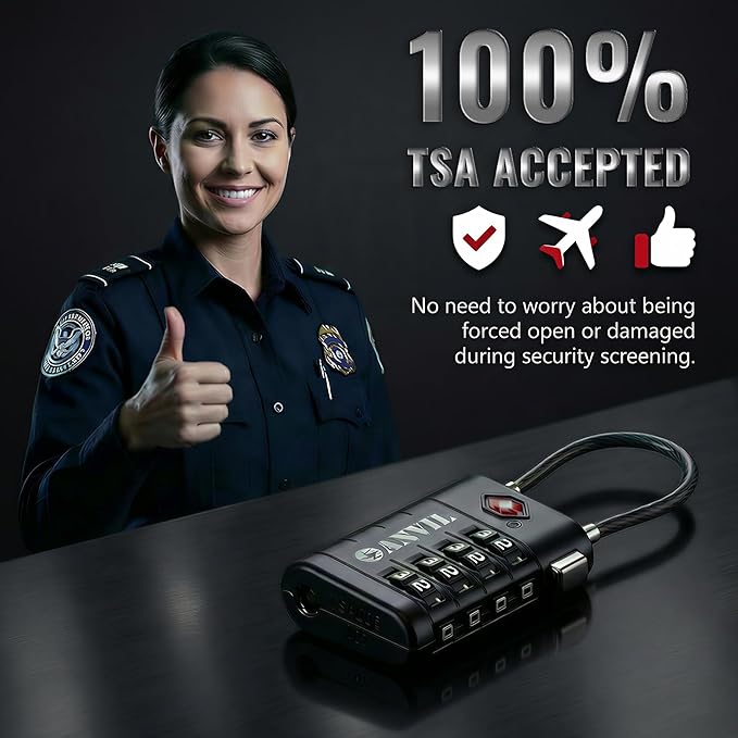 ANVIL TSA Approved Luggage Locks with Search Alert Indicator, 4-Digit Combination Suitcase Lock, Advanced TSA008 Core Heavy Duty Anti-Theft Travel Lock for Double Zippers, Backpacks (6, Black)