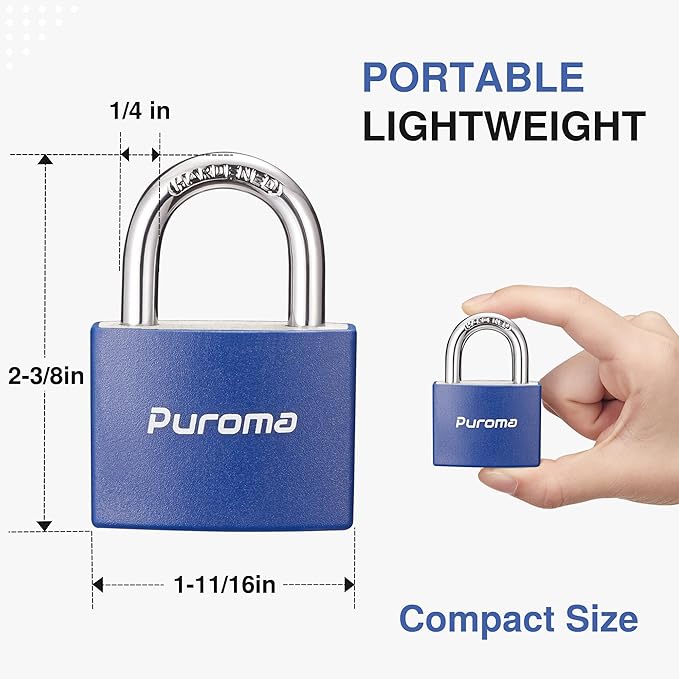 Puroma Lock Keyed Padlock, 2 Pack Aluminum Locks with 3 Keys Alike, 7/8 Inch Locker Lock 43mm Small Padlocks for Gate, Fence, Shed, Toolbox, School Gym Locker (Blue)