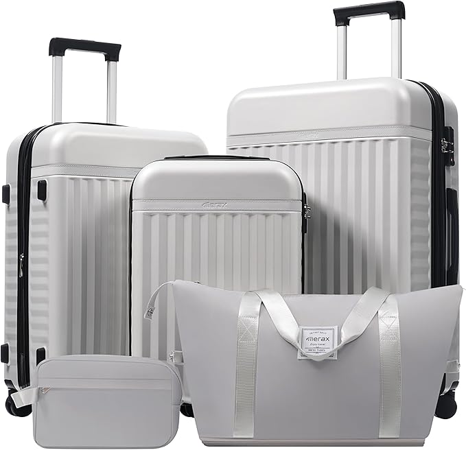 Merax Luggage Sets 5 Piece,Hardshell Expandable Suitcase with Spinner Wheels and Travel Bags,Lightweight Carry on Luggage,20/24/28IN,White Grey
