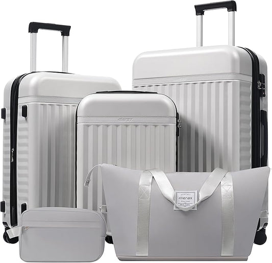 Merax Luggage Sets 5 Piece,Hardshell Expandable Suitcase with Spinner Wheels and Travel Bags,Lightweight Carry on Luggage,20/24/28IN,White Grey