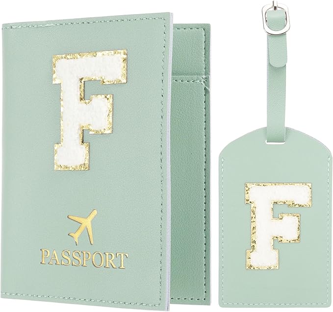 PATIKIL Passport Holder for Travel, Initial Passport Cover and Luggage Tag Set with Alphabet Chenille Letter Patch Travel Wallet Bag Suitcase Identifier for Women Family Travel Green F