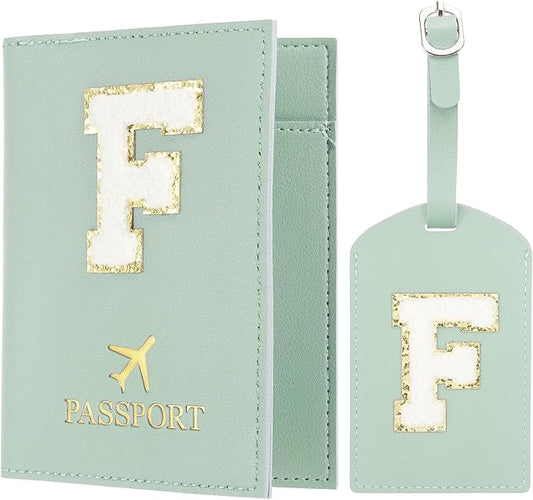 PATIKIL Passport Holder for Travel, Initial Passport Cover and Luggage Tag Set with Alphabet Chenille Letter Patch Travel Wallet Bag Suitcase Identifier for Women Family Travel Green F