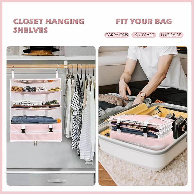 Surblue Hanging Closet Storage Bag Collapsible 3-Shelf Washable Oxford Fabric with 2 Hooks (XL 17.71*11.81*20in, Pink)