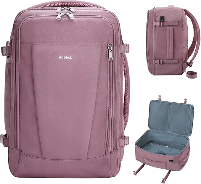 ECOHUB 17'' Travel Backpack, Personal Item Backpack with 13 Pockets, Flight Approved Carry on Backpack with USB Port & Luggage Sleeve, Travel bag for Women, Water Resistant Backpack, Pink