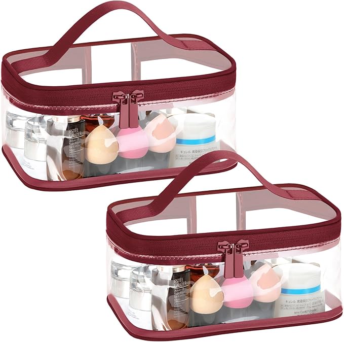 HAOGUAGUA 2 Pieces Clear Makeup Bags Cosmetic Toiletry Bags for Traveling, Waterproof Travel Transparent TSA APPROVED Carry On Airport Airline Compliant Bag (2 PIECES RED)