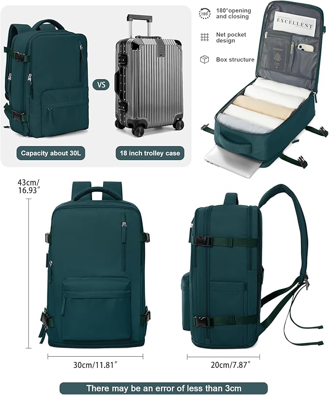 VGCUB Large Travel Backpack Bag for Women Men,Carry on Backpack,17 Inch Laptop Business Work Waterproof Backpack with Laptop Compartment,Person Item Flight Approved,Mochila de Viaje,Peacock Blue