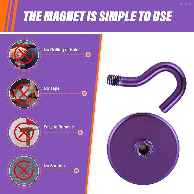 Neosmuk Magnetic Hooks Heavy Duty,Strong Magnet with Hook for Fridge, Super Neodymium Extra Strength Industrial Hooks for Hanging, Magnetic Hanger for Toolbox, Cruise, Grill(Purple,6 Pack)