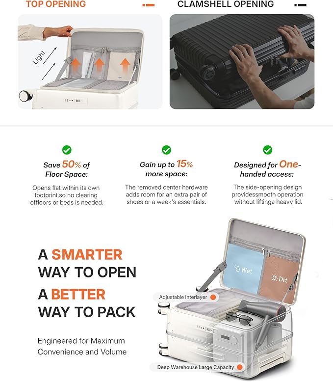 20IN Carry On Luggage,Top Opening Aluminum Frame Hardside 100% PC Airline Approved Suitcase -with TSA Lock,Cup Holder,USB Charge,Side Pothook, 360°Spinner Wheels-Milky White