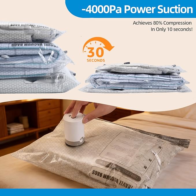 12 Pack Vacuum Storage Bags For Travel With Rechargeable Pump Compression Bags for Clothes & Blankets, Luggage Space Saver for Seasonal Storage & Long Haul Travel