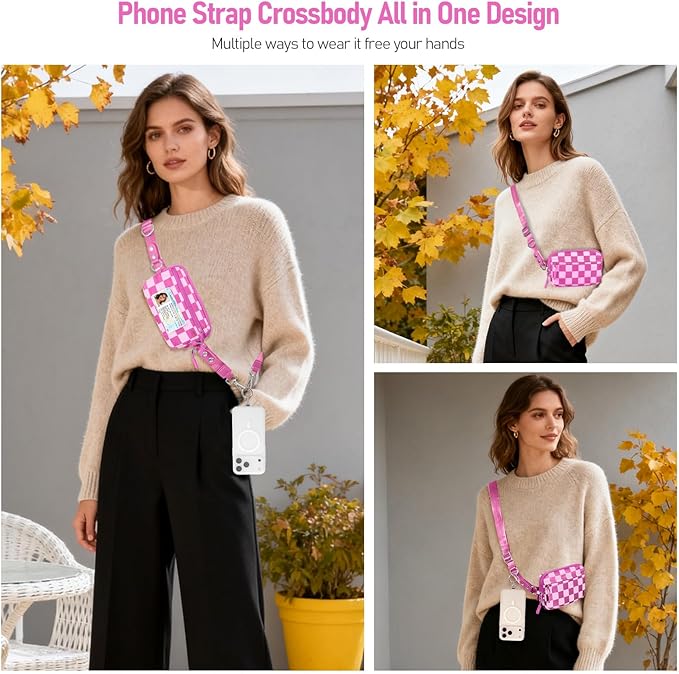 Tiostep Clip and Go Strap for Phone with Wallet Crossbody Phone Lanyard and Detachable Checkered Bag with ID Window and RFID Pouch for Daily Travel.
