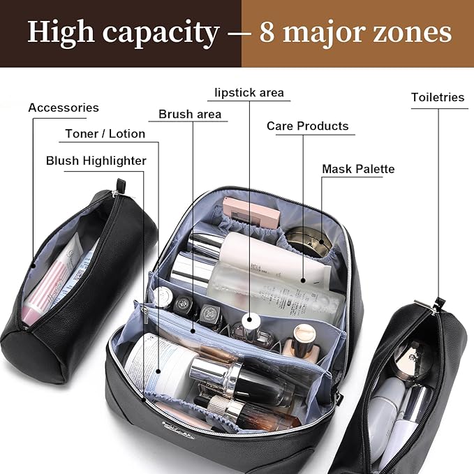 BOYATU Travel Makeup Bag Cosmetic Bags for Women: 3 Pcs Set Large Capacity Make up Bag with Handle - Waterproof Vegan Leather Toiletry Bags Travel Essentials with Compartments(C-2-Black)