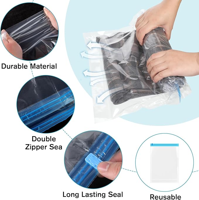 4 PCS Roll up Compression Bags, 19 X 14" Vacuum Travel Bag, Roll-Up Space Saver Bags for Travel, Vacuum Seal Storage Bag for Packing Clothing Suitcases Luggage Home Organizers, No Pump Needed