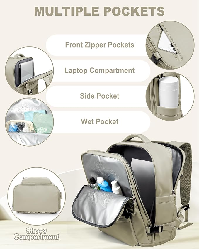 VECAVE Travel Backpack for Women, Airline Flight Approved Carry On Backpacks Waterproof 14 Inch Laptop Backpack with Shoe Compartment Casual Daypack GreyBrown