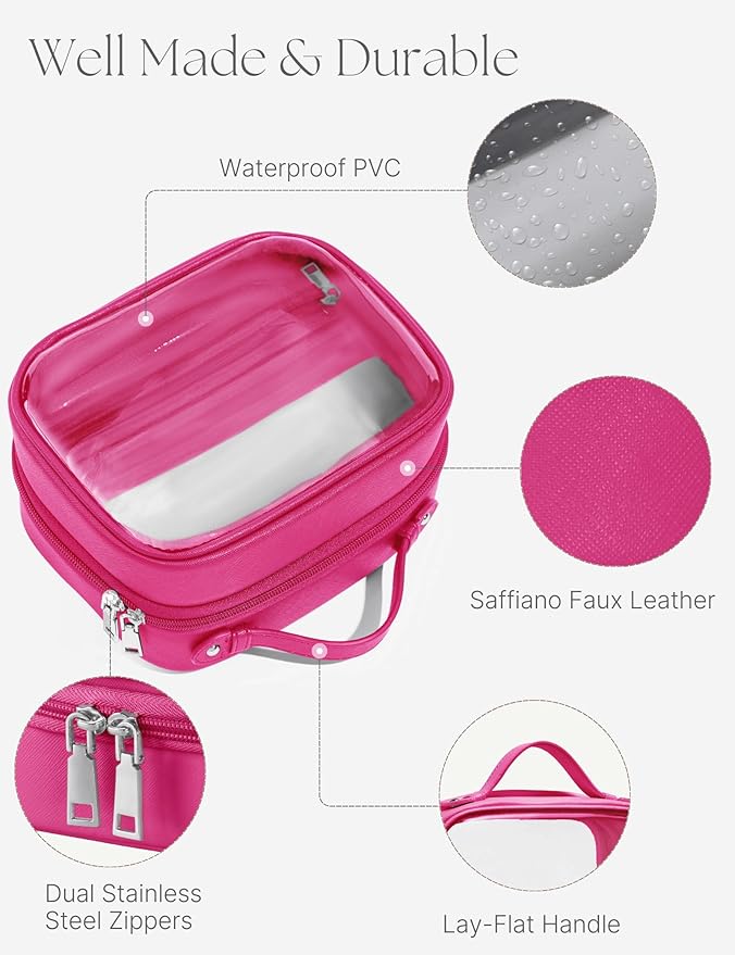 Clear Cosmetic Bag Double Layer Travel Toiletry Bag Clear Makeup Bag Case with 4 Compartments, Transparent Travel Bag for Toiletries, Large Toiletry Bag for Women Cosmetic Case (Hot Pink, Small)