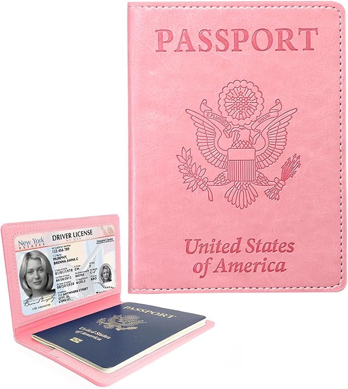 Sizobi PU Passport Holder for Travel, Passport Cover Wallet for Women Men, Leather Passport Book Card Holder Case for International Travel Must Haves Accessories, Cruise Ship Essentials Gifts, Pink