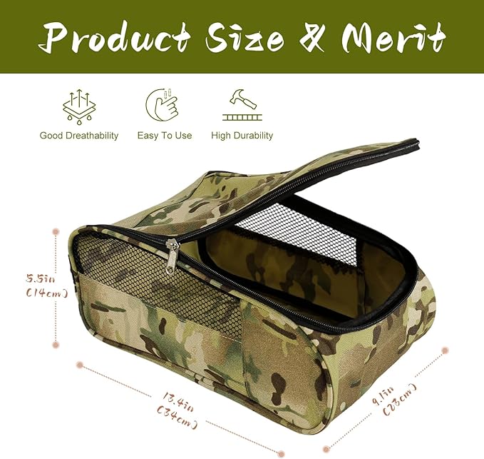 Golf Shoe Bag, Outdoor Zipper Sports Shoe Strap Bag with Air Mesh Ventilation, Durable Waterproof Golf Shoe Carry Bags with Sturdy Handle for Gym, Soccer, Running & Suitcase Packing(Green Camouflage)
