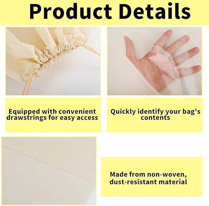 12 Pcs Shoe Bags for Travel, Dust Bags for Handbags, Dustproof Drawstring Bags in 4 Size, Breathable Non Woven Fabric Storage Bag for Handbags Shoes Purses, Beige