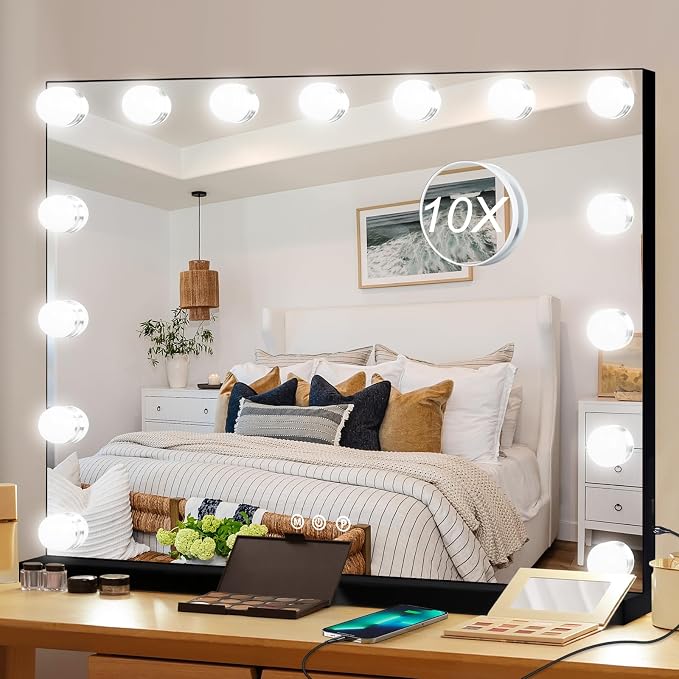 Moonee Vanity Mirror with Lights, Black Hollywood Lighted Makeup Mirror with 15 Dimmable Bulbs and 10X Magnification, 3 Colors Modes, Aluminum Metal Frame, Light Up Mirror for Tabletop/Wall（23" x 18"）