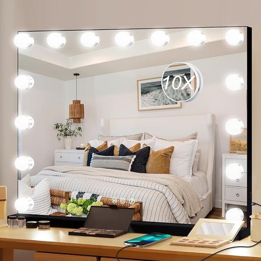 Moonee Vanity Mirror with Lights, Black Hollywood Lighted Makeup Mirror with 15 Dimmable Bulbs and 10X Magnification, 3 Colors Modes, Aluminum Metal Frame, Light Up Mirror for Tabletop/Wall（23" x 18"）