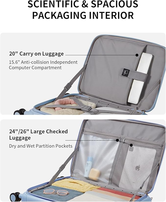 aji Expandable Top Opening Carry On Luggage Airline Approved, 20 Inch Lightweight Hardside Carry On Suitcase with Spinner Wheels, Travel Luggage with Laptop Compartment for Women Men, Blueberry Blue