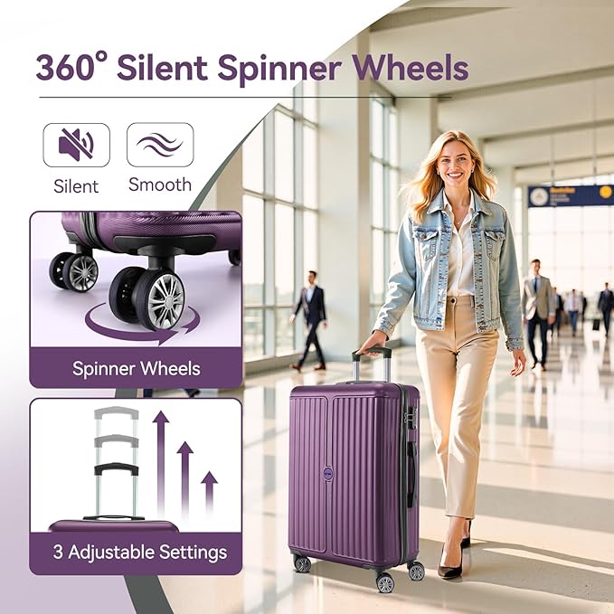 Hoteel Luggage Sets 3 Piece ABS+PC Hardside, 4-Year Warranty, Luggage Set with Spinner Wheels, TSA Lock, Lightweight Carry on Luggage, 20" Suitcase with Duffel & Organizer, Purple