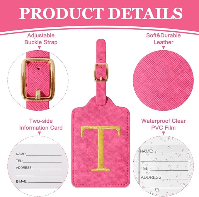 Personalized Initial Luggage Tags for Suitcases,Leather Letter Cute Luggage Tags with Privacy Name Card,Embroidered Monogrammed Travel Bag Backpack Tag Gifts for Women Kids Girls Teens(Rosered-T)