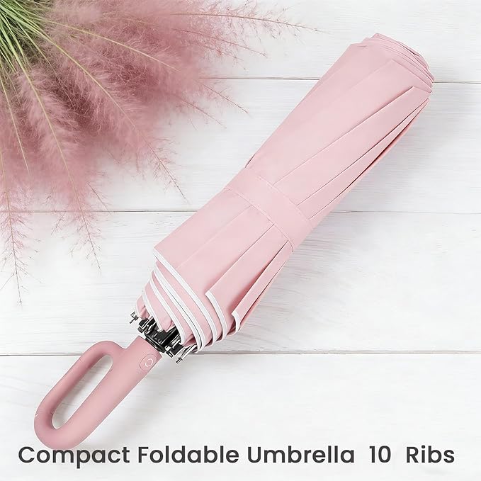 SIEPASA Travel Umbrella with Carabiner Handle - Windproof 10 Ribs Auto Open/Close for Rain & Sun Protection, Compact Portable Clip-on Backpack Design with Safety Reflective Strip.
