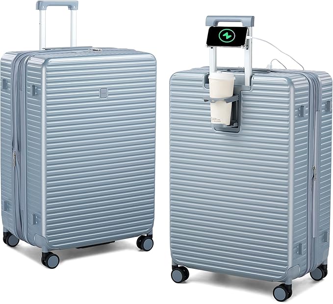 HanTrip Large Checked Luggage 28 Inch Hard Shell Suitcases, Expandable Travel Luggage Lightweight Check In Luggage with Spinner Wheels Cup Holder Charger Built in, Silver