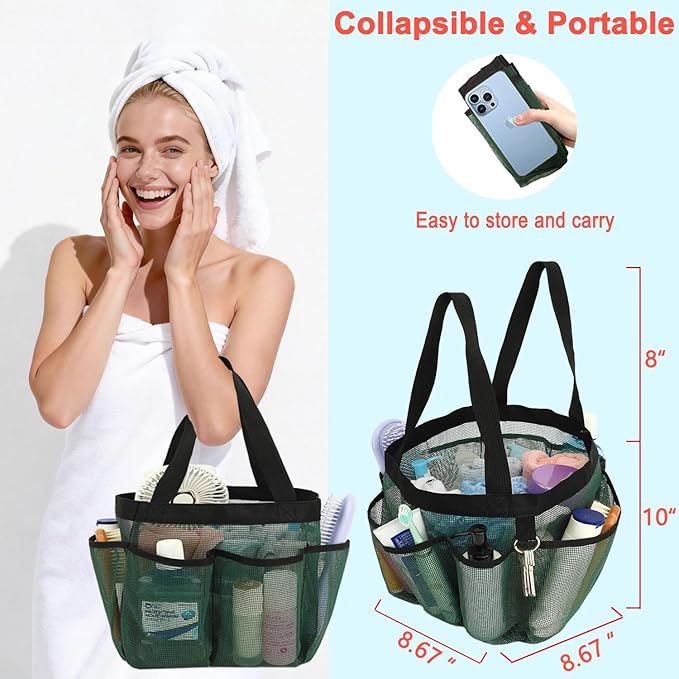 Fammart Mesh Shower Caddy Portable for College Dorm Room Essentials, 8-Pocket Large Shower Basket Tote Bag with 2 Handles for Toiletry, Bathroom, Beach, Camp, Gym