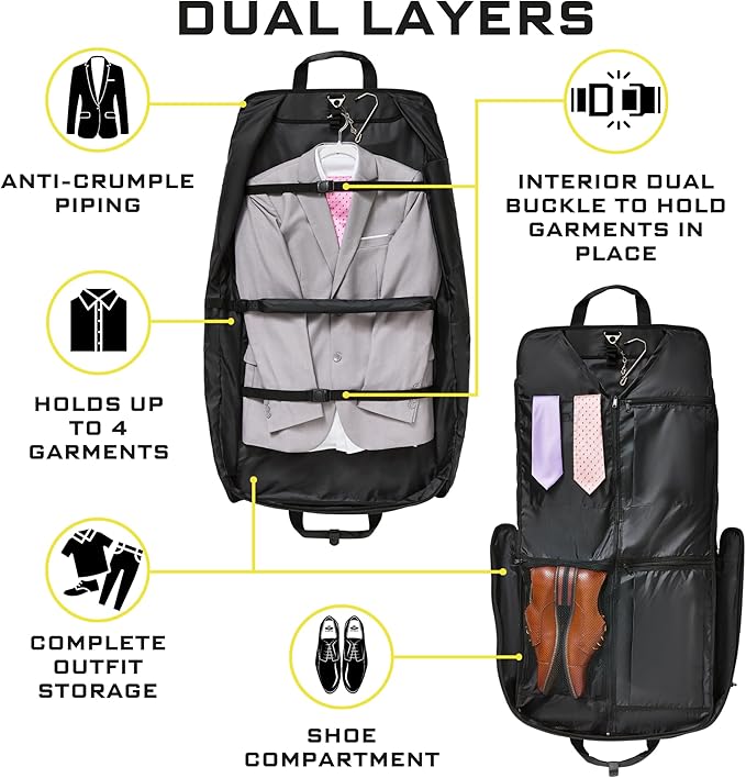 ZEGUR Premium Suit Garment Bag Carry On - Hangs 4 Suits - Travel & Business with Shoulder Strap and Laptop Compartment