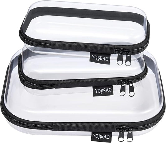 YQBRAO Clear Hard Shell Zipper Case 3 Pack, Hard Plastic Bag, Clear Travel Toiletry Pouch,Portable Cosmetic Bag with Zipper,Toy Storage Bins, Pencil Storage Organizer, Office Supplies Storage Case