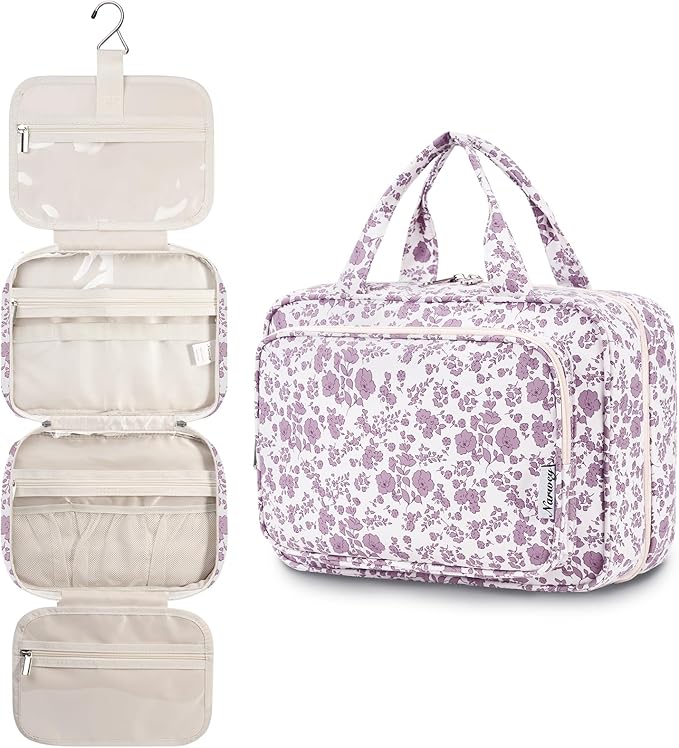 Narwey Travel Toiletry Bag for Women Large Hanging Makeup Bag Organizer Toiletries Bag for Full Size Essentials Accessories Cosmetics (Dusty Pink Flower (Large))