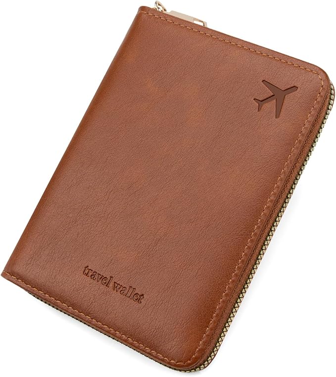 defway Passport Holder Travel Wallet - RFID Blocking Passport Holder Wallet, Full Zip Travel Card Cover with RFID Protection, Multi Slot Organizer for Cards Cash Documents Travel Essentials (Brown)