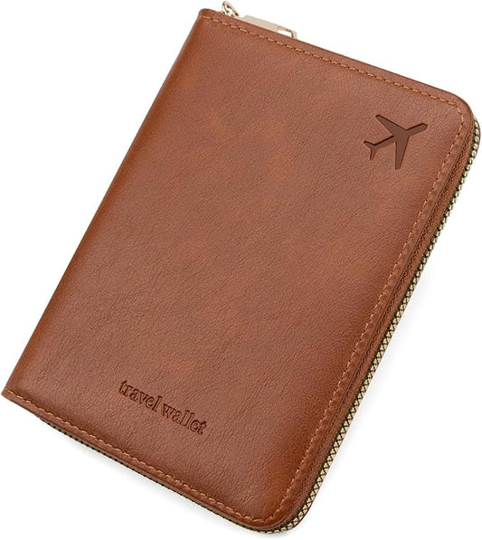 defway Passport Holder Travel Wallet - RFID Blocking Passport Holder Wallet, Full Zip Travel Card Cover with RFID Protection, Multi Slot Organizer for Cards Cash Documents Travel Essentials (Brown)