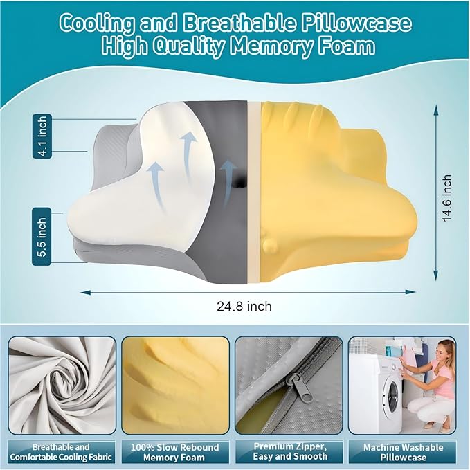 Cervical Pillow for Neck Pain Relief - Ergonomic Pillow for Sleeping Side Sleeper Pillow for Adults, Contour Neck Pillow Cooling Memory Foam Pillows, Orthopedic Bed Pillow for Back Stomach Sleepers